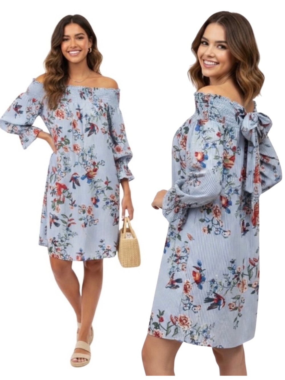 Soprano Bird Floral Off Shoulder Striped Dress Size XS